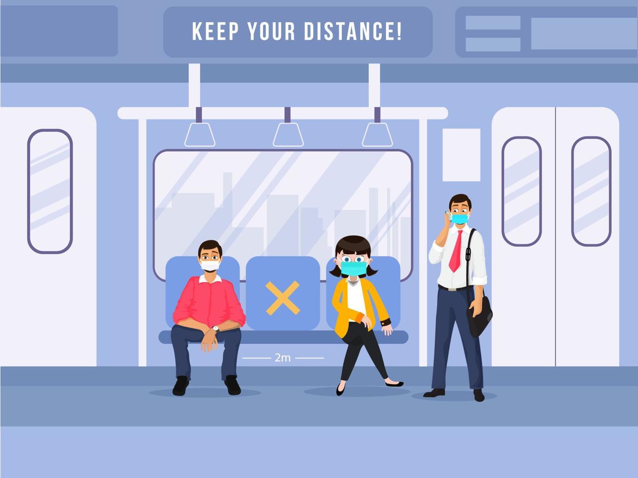 Illustration of people keep distance in public transportation to protect from Covid-19 Coronavirus Outbreak Spreading. vector