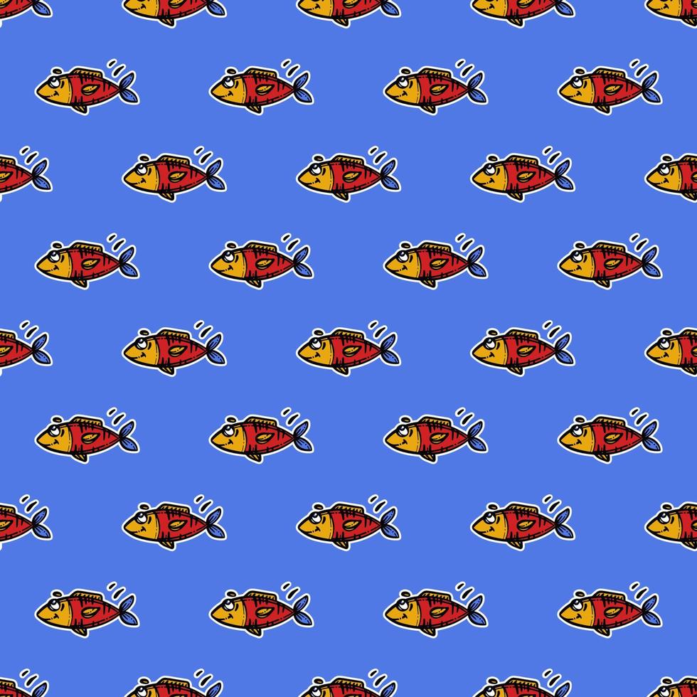 FISH SMILING Cartoon Hand Drawn Sea Seamless Pattern Print vector