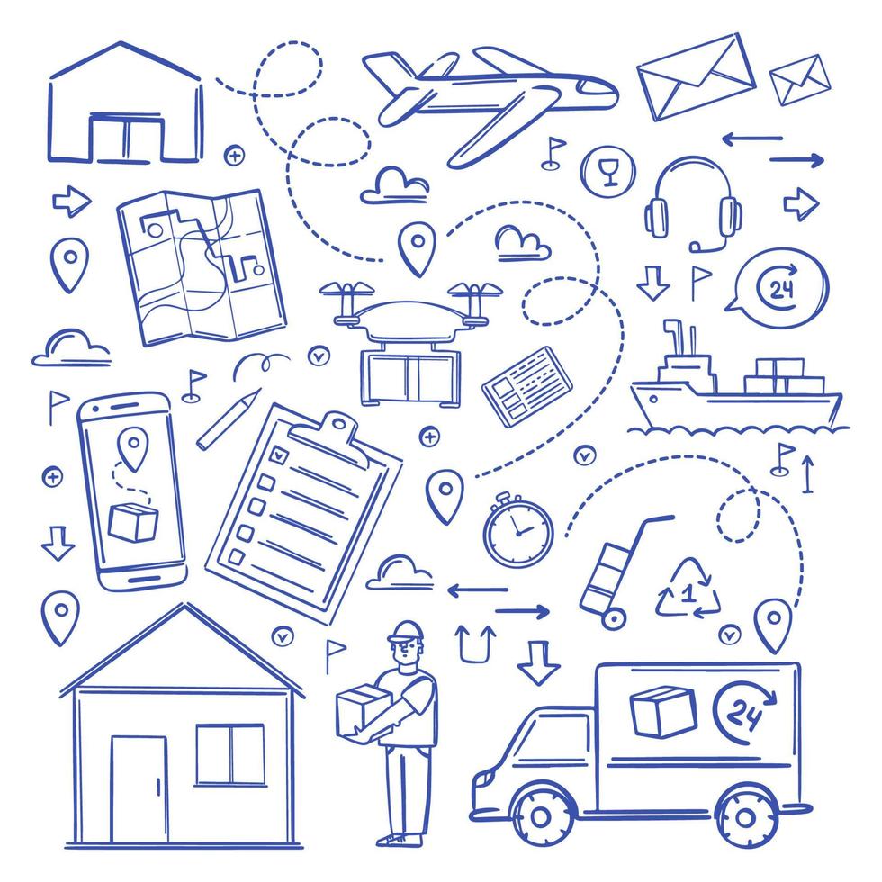 FAST DELIVERY Services Big Collection Symbols Hand Drawn Set vector