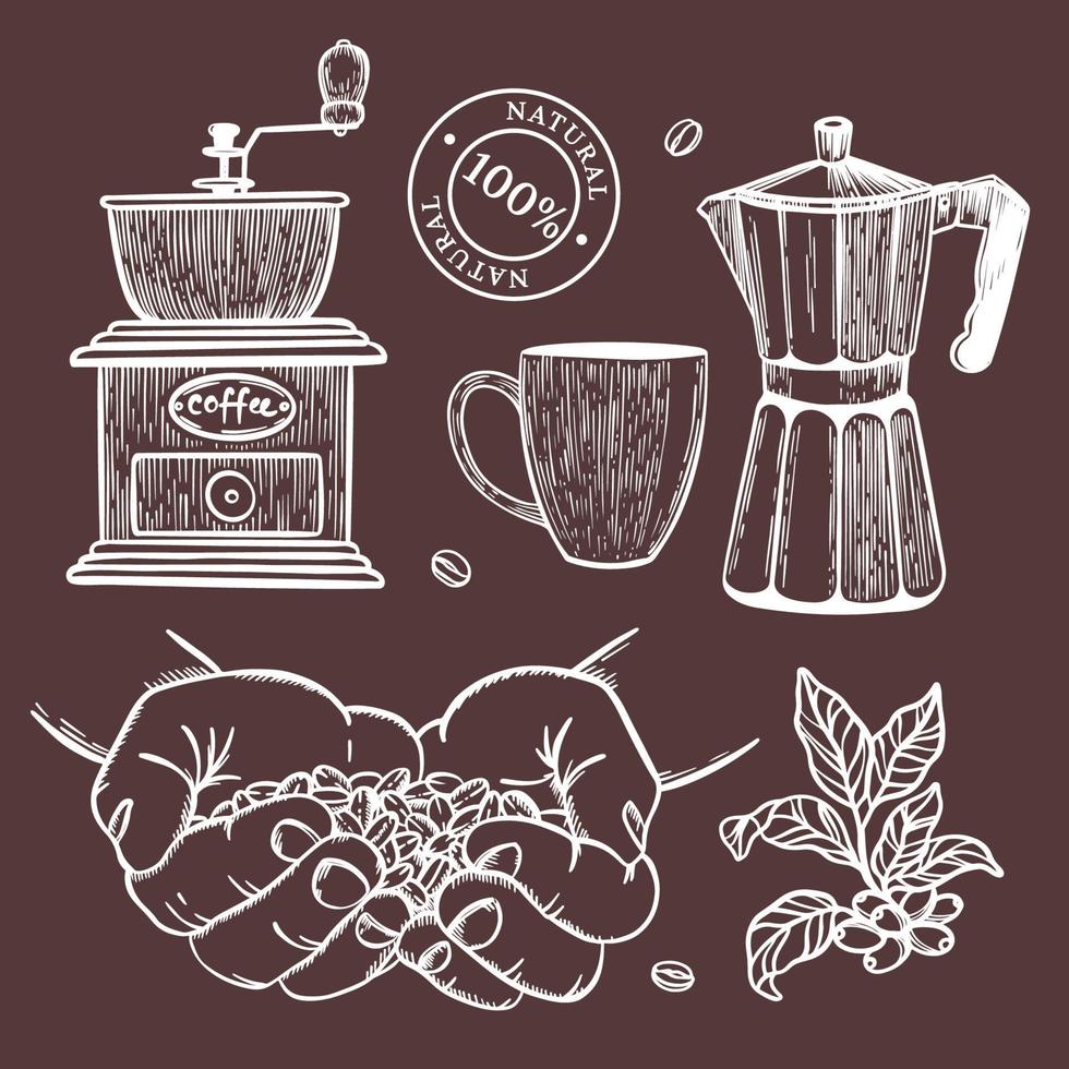 hombre participación café granos en su palmas vector ilustración conjunto