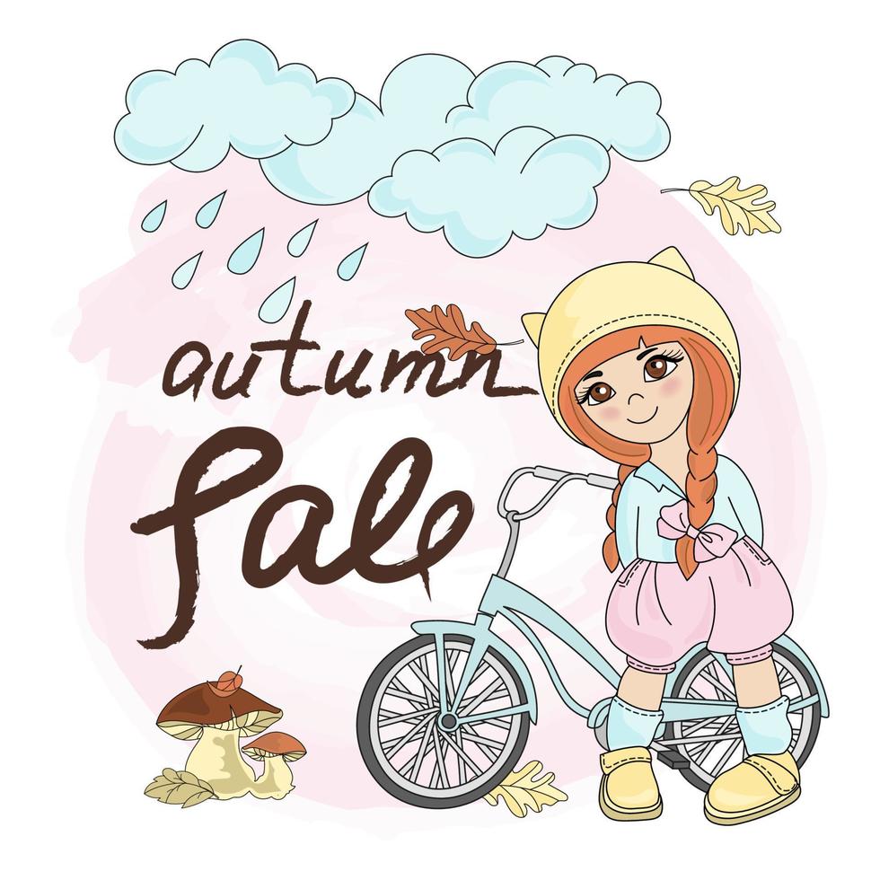 niña y bicicleta otoño dibujos animados vector ilustración bandera conjunto