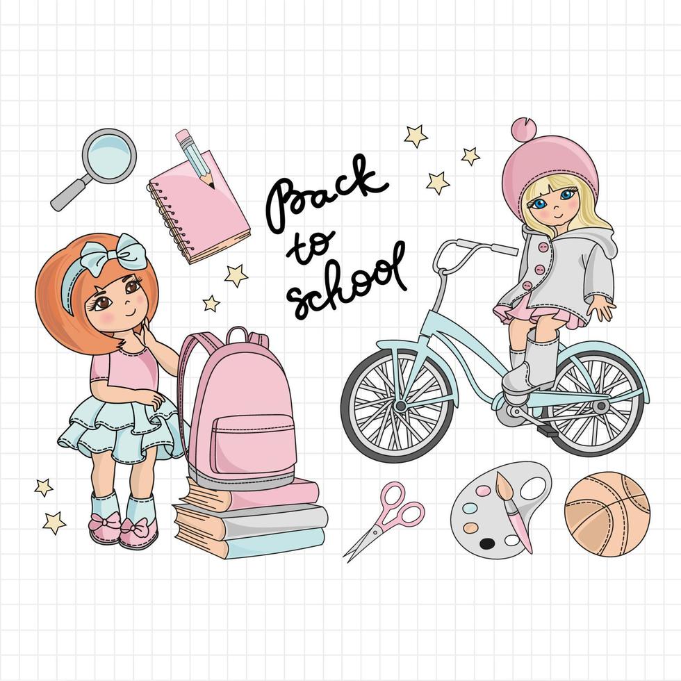 GO TO SCHOOL Girl Cartoon Education Vector Illustration Set