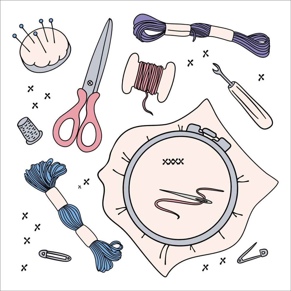 EMBROIDERY WORK Needlewoman Accessories Vector Illustration Set