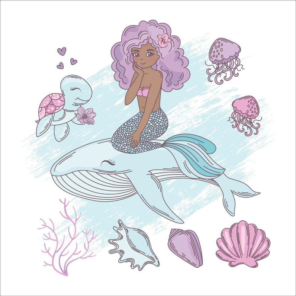 MERMAID WHALE Cartoon Travel Tropical Vector Illustration Set