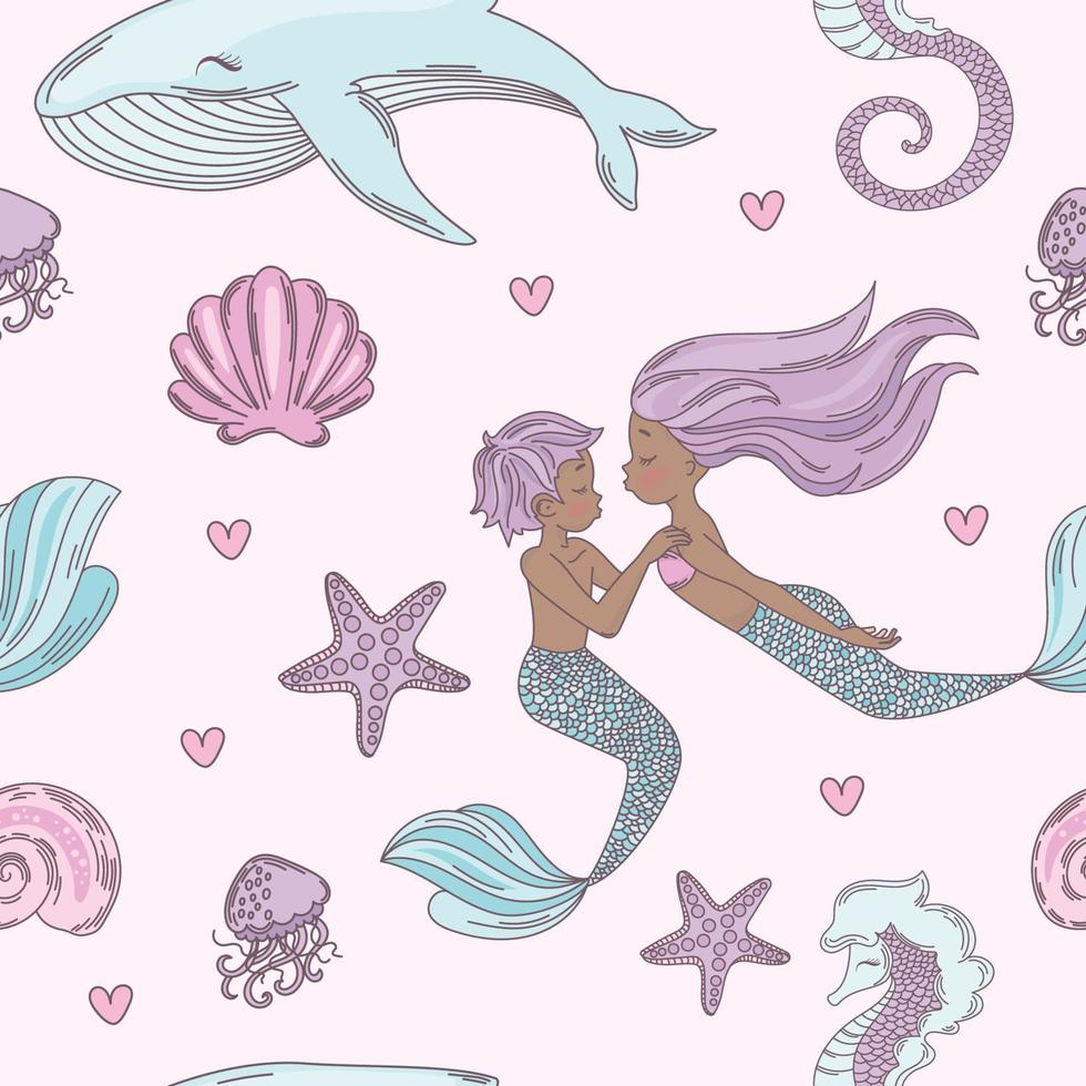 HAPPY COUPLE Mermaid Seamless Pattern Vector Illustration