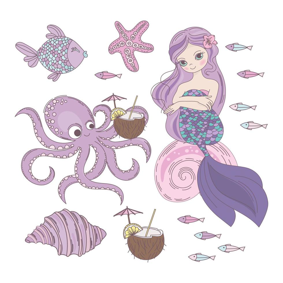 MERMAID DESSERT Underwater Princess Vector Illustration Set
