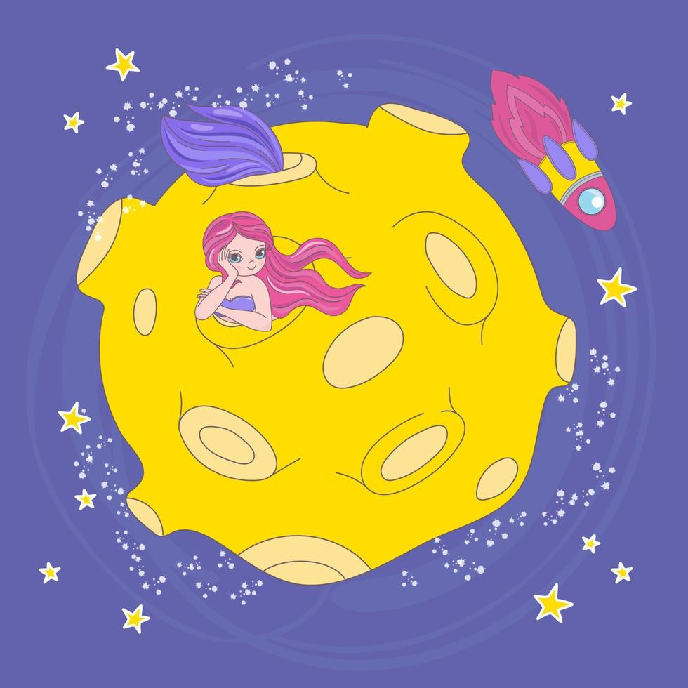 sirena Luna hogar dibujos animados espacio niña vector ilustración conjunto