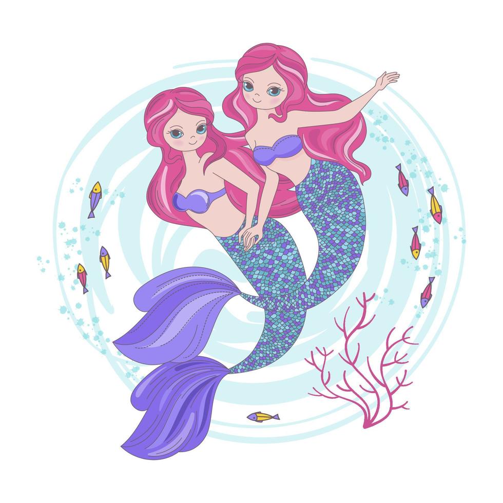 sirena hermanas dibujos animados princesa niña vector ilustración conjunto