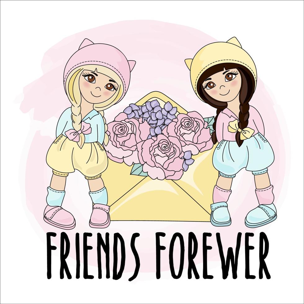 FRIENDS FOREVER Holiday Cartoon Girl Vector Illustration Set