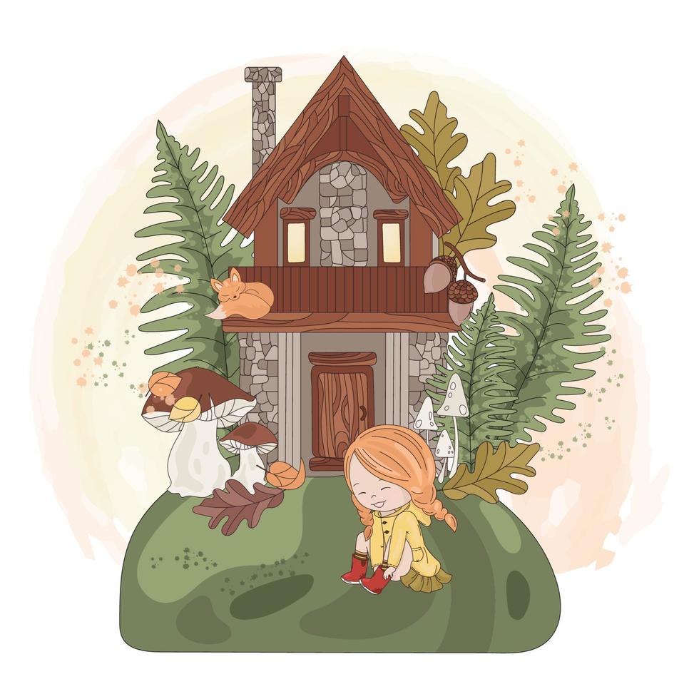 FAIRY GIRL HOUSE Autumn Fall Nature Vector Illustration Set