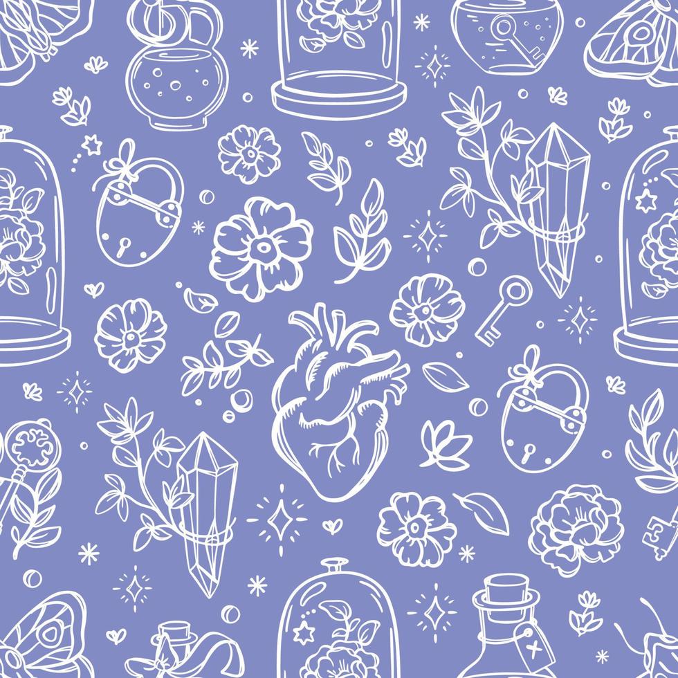 LOVE MAGIC White On Blue Witchcraft Symbols Seamless Pattern vector