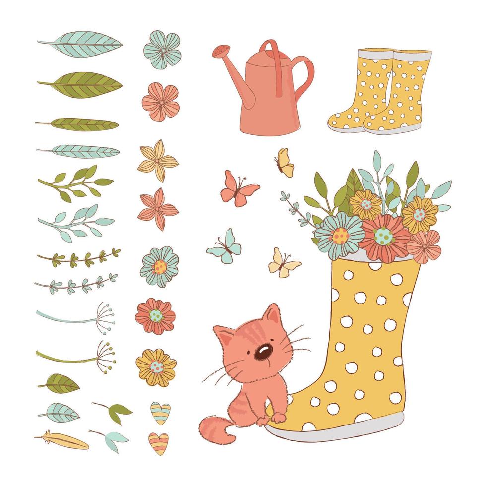jardinero gato primavera cuidado accesorios vector ilustración conjunto