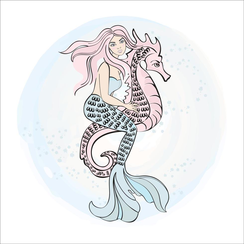 MERMAID SEAHORSE Cartoon New Year Vector Illustration Set