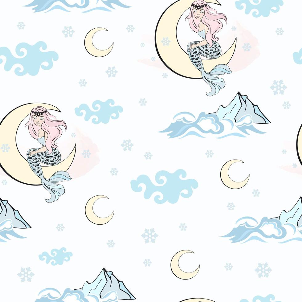 MOON MERMAID PATTERN Seamless Background Vector Illustration