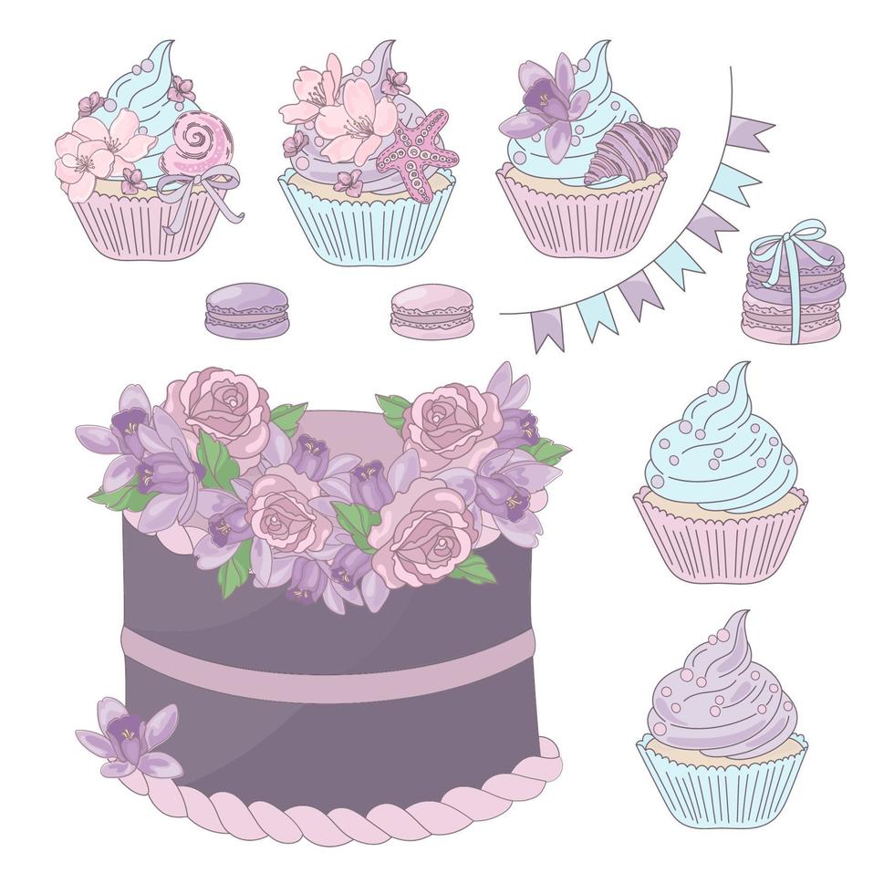 fiesta dulces floral cumpleaños postre vector ilustración conjunto