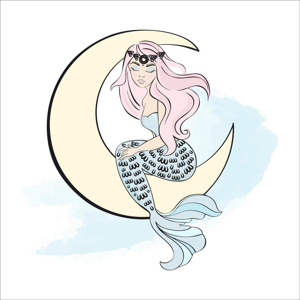 MERMAID ON MOON Good Night Sleep Vector Illustration Set