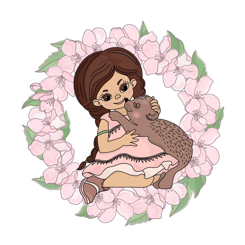 LOVE BEAR Girl Sakura Wreath Animal Vector Illustration Set