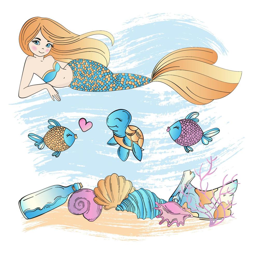 MARINE LIFE Mermaid Underwater Cruise Vector Illustration Set