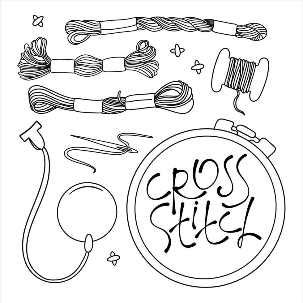 EMBROIDERY Monochrome Sewing Supplies Vector Illustration Set