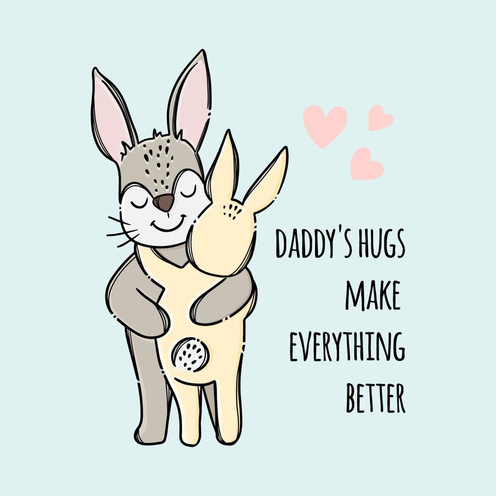 FATHERS DAY Hare Hugs His Son Cartoon Vector Illustration Set