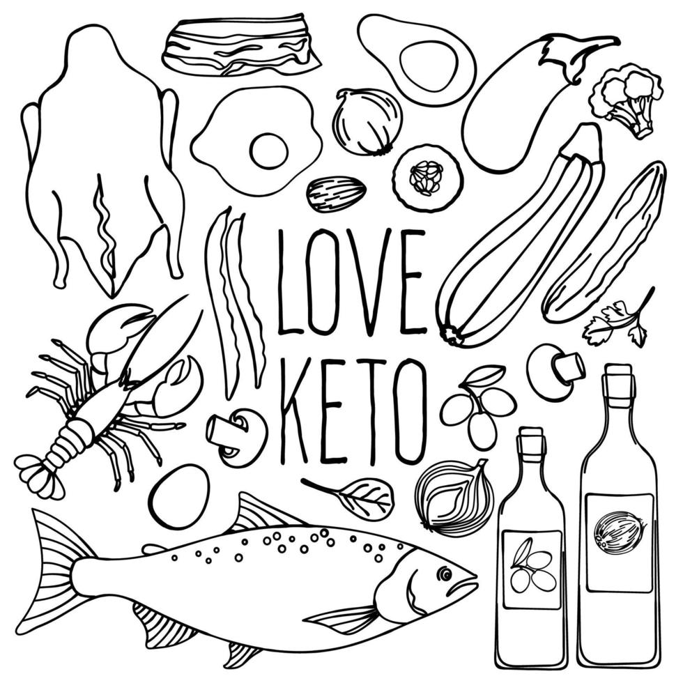 LOVE KETOGENIC Healthy Food Low Carb Vector Illustration Set