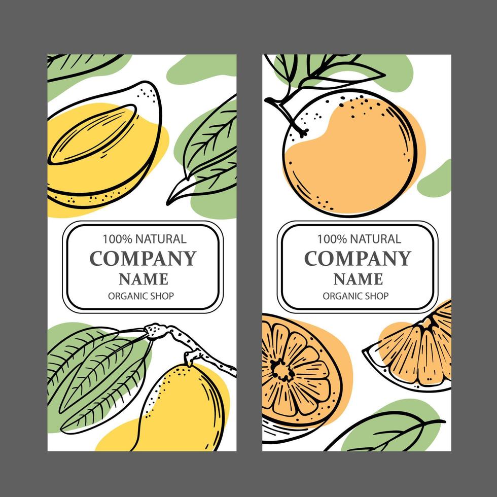mango naranja etiquetas diseño bosquejo vector ilustración conjunto