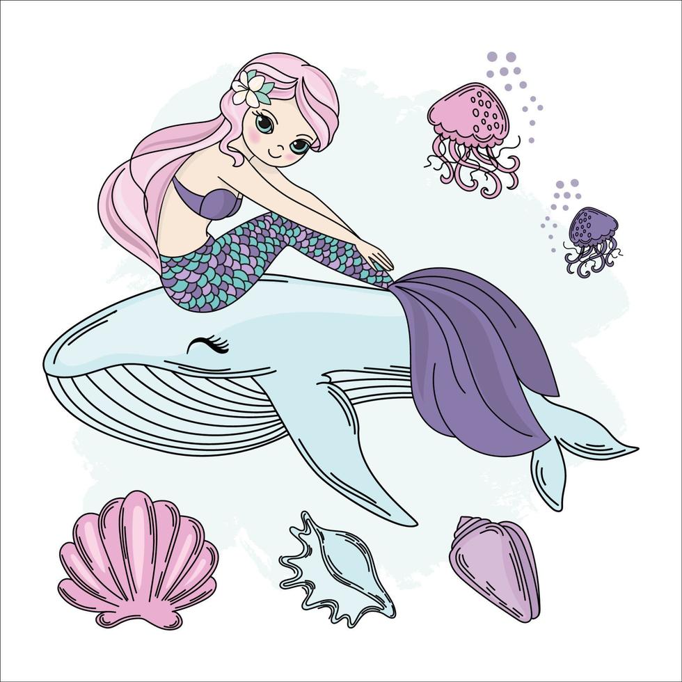 sirena caminar princesa mar submarino vector ilustración conjunto