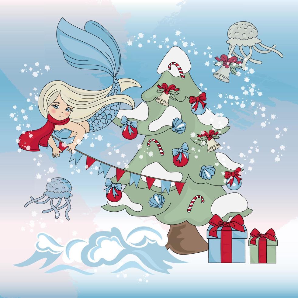 MERMAID CHRISTMAS DECOR New Year Vector Illustration Set