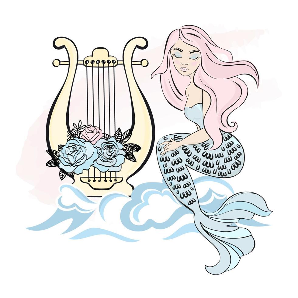 HARP MERMAID Underwater Princess Girl Vector Illustration Set