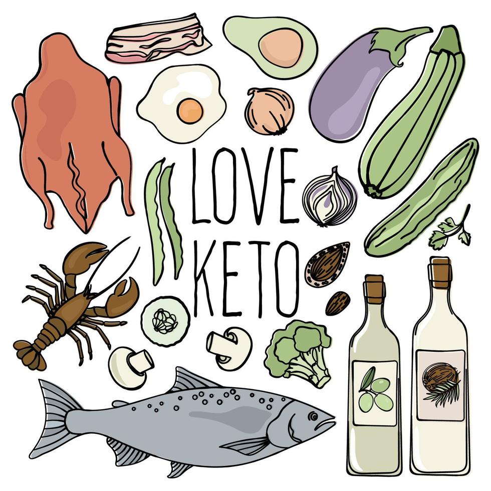 KETO SHOP Healthy Food Low Carb Fresh Vector Illustration Set