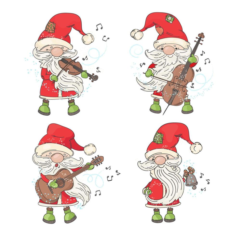 FOUR SANTA Merry Christmas Musician Vector Illustration Set