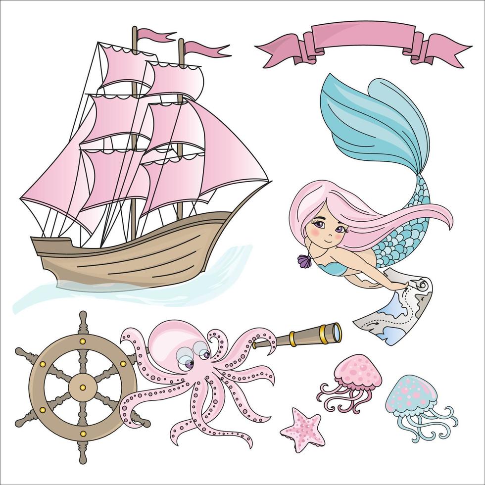 MERMAID SHIP Cruise Travel Tropical Vector Illustration Set