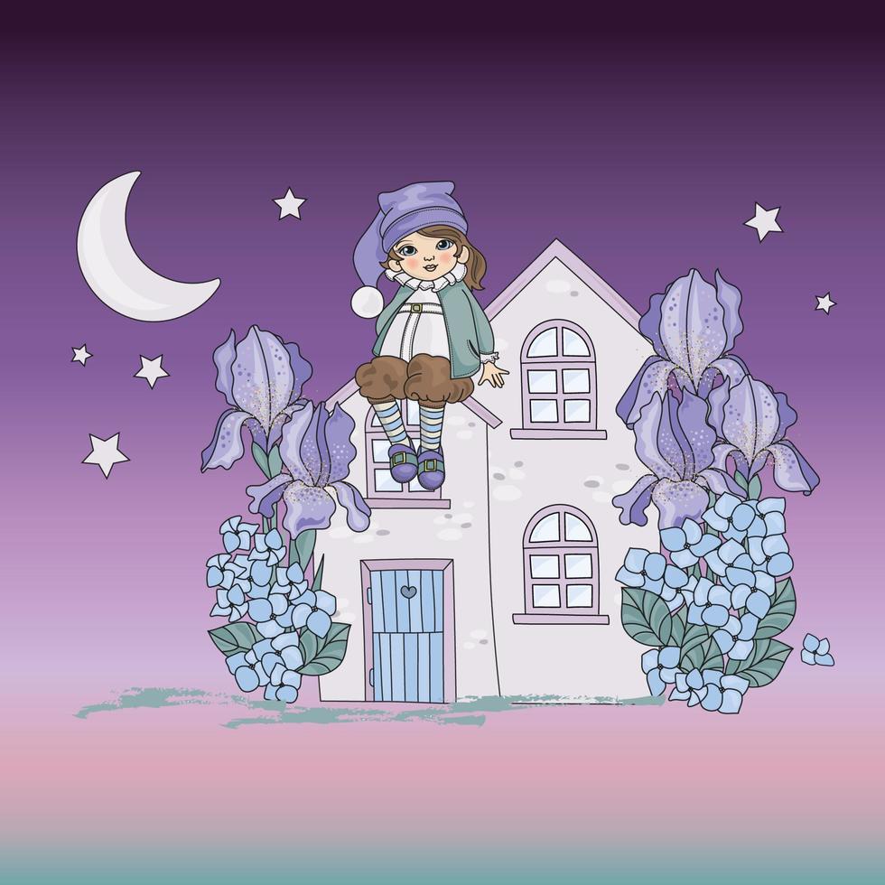 Luna enano bueno noche magia dibujos animados vector ilustración conjunto