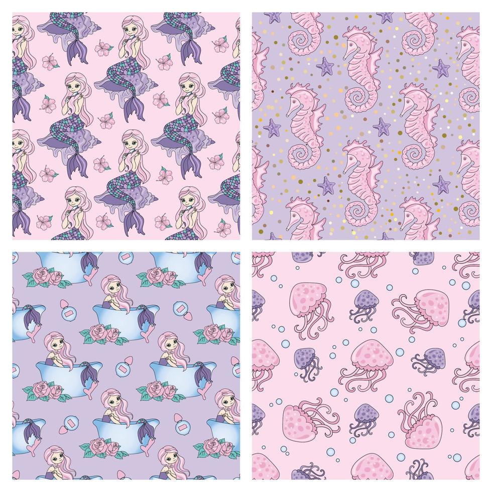 MERMAID PATTERN SET Tropical Seamless Vector Illustration Set