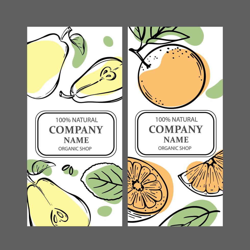 Pera naranja etiquetas vertical bosquejo vector ilustración conjunto