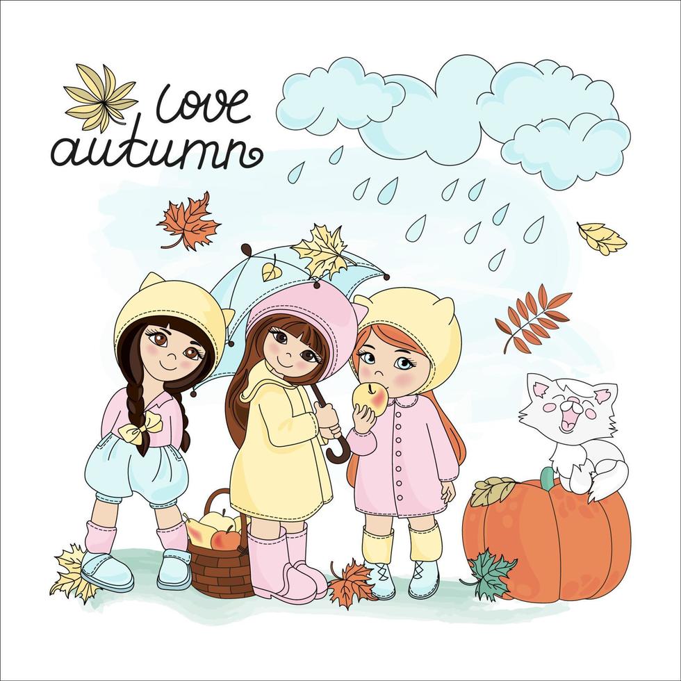 LOVE AUTUMN Rain Girl Season Cartoon Vector Illustration Set