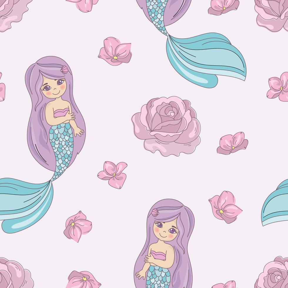 MERMAID ROSE Floral Flower Seamless Pattern Vector Illustration