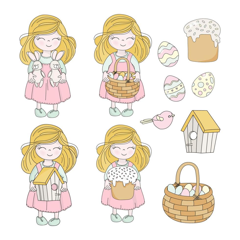 EASTER SET Girl Characters Holiday Vector Illustration Complete