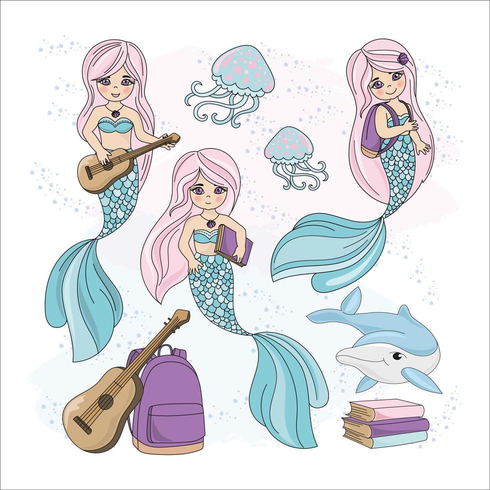 MERMAID KIDS School Cartoon Travel Vector Illustration Set