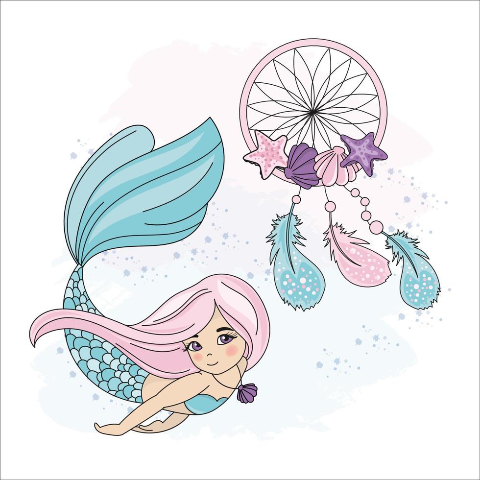 MERMAID DREAMCATCHER Cartoon Travel Vector Illustration Set