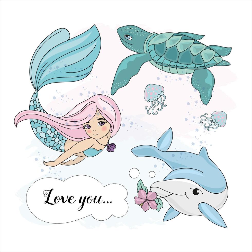 MERMAID LOVE Cruise Tropical Cartoon Vector Illustration Set