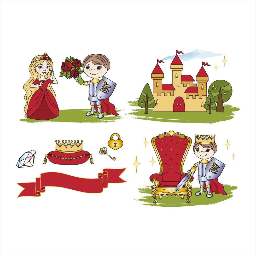 pequeño Rey castillo hada cuento dibujos animados vector ilustración conjunto