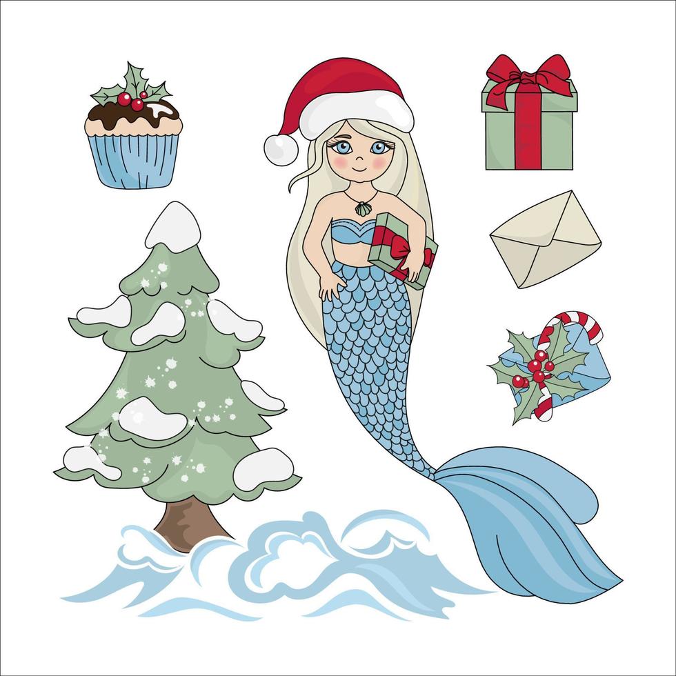 MERMAID GIFT Merry Christmas New Year Vector Illustration Set