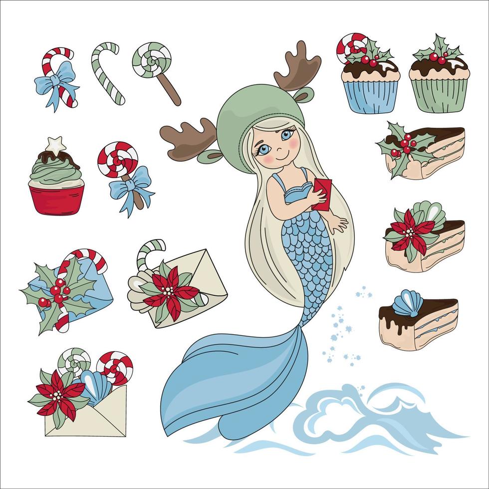 MERMAID SWEET SET Merry Christmas Clip Art Vector Illustration