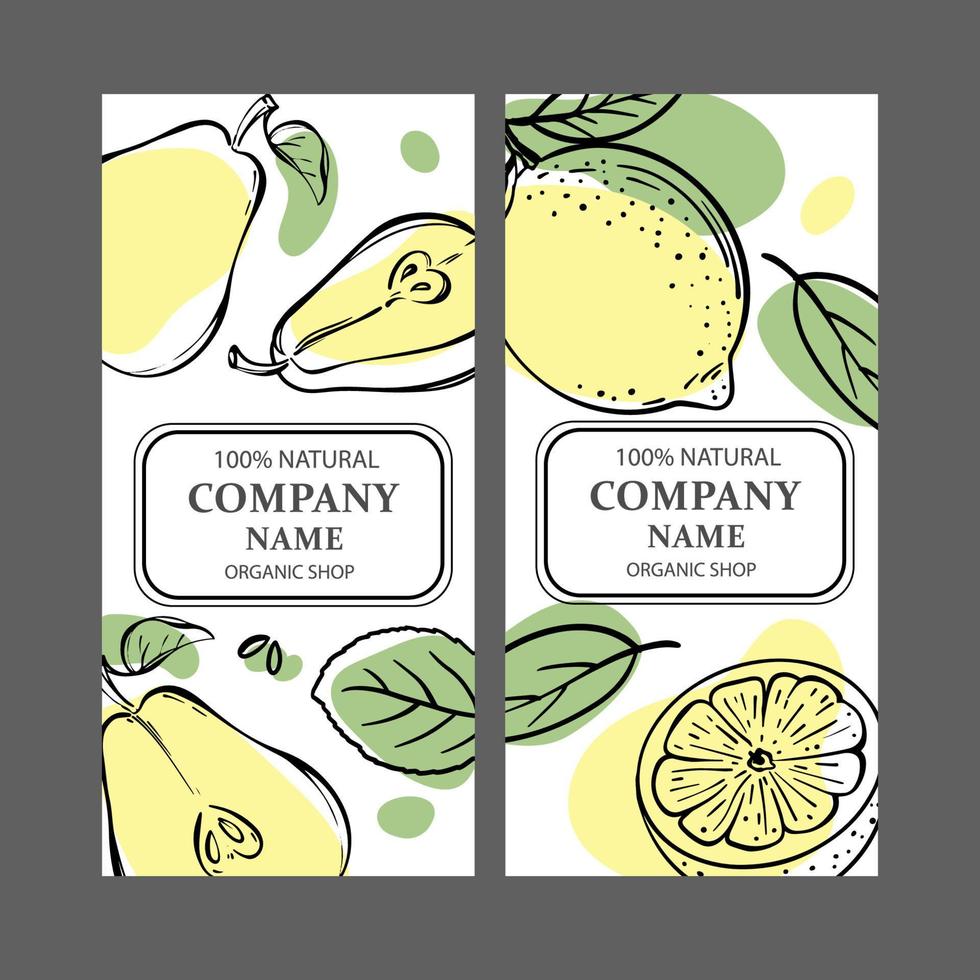 Pera limón etiquetas vertical bosquejo vector ilustración conjunto