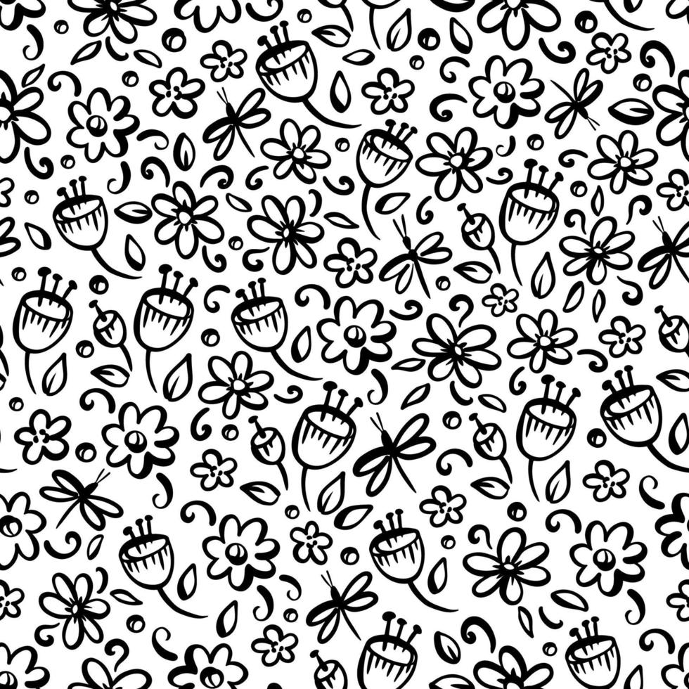 FLOWER MONOCHROME Hand Drawn Seamless Pattern Vector Print