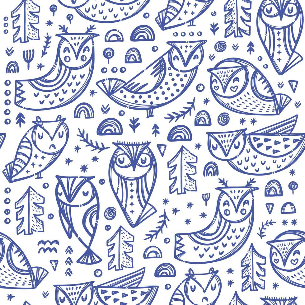 FOREST OWL Hand Drawn Seamless Pattern Vector Illustration