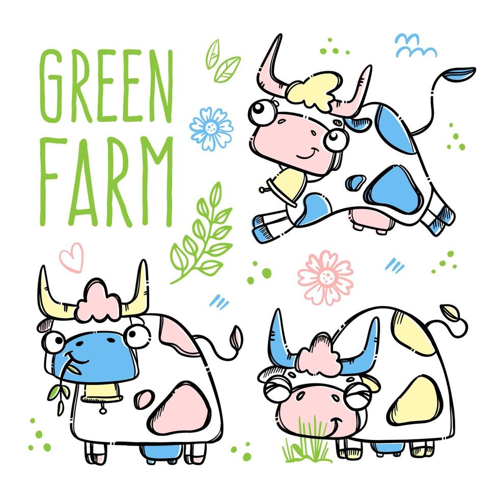 verde granja linda vacas en bosquejo estilo vector ilustración conjunto