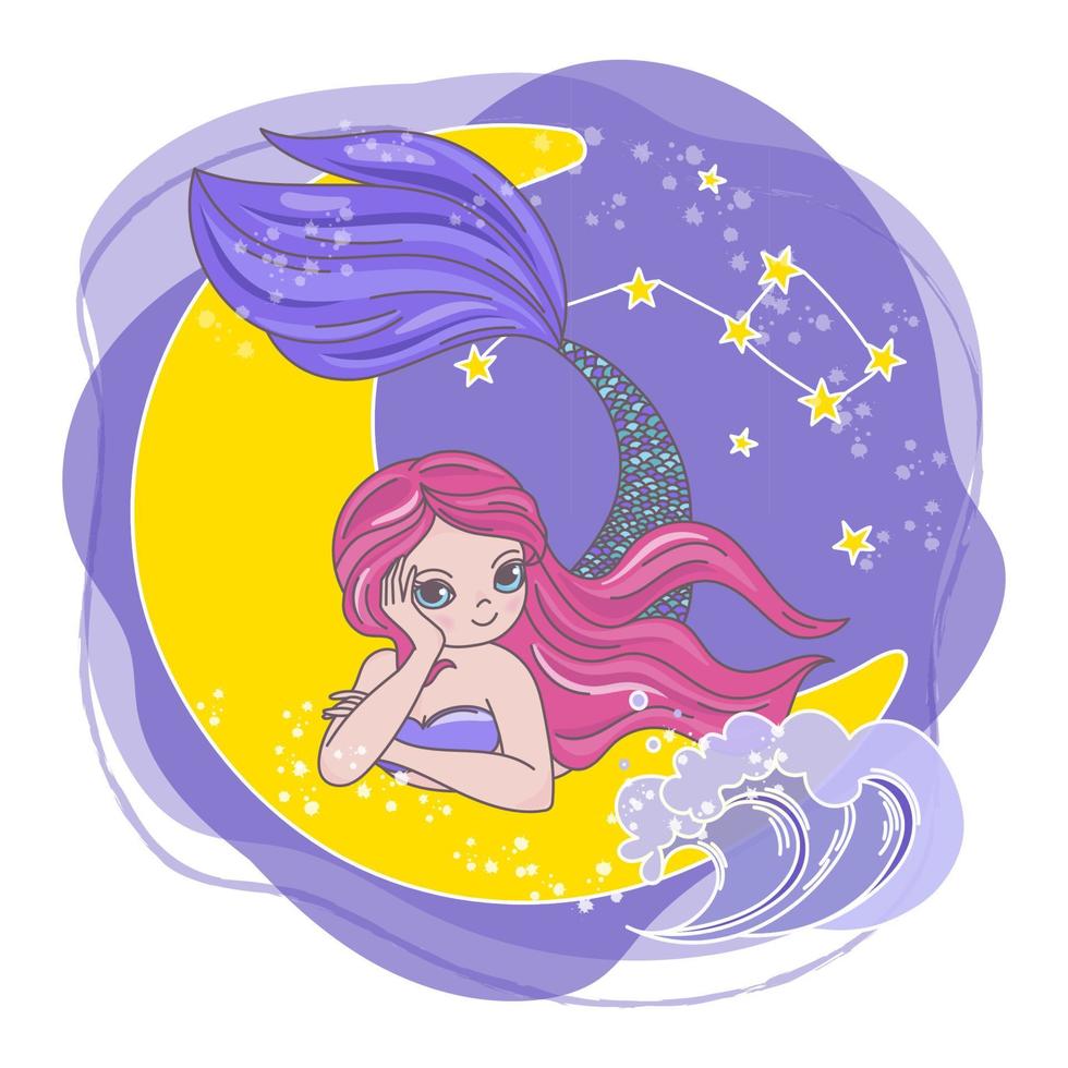 MOON MERMAID Space Cartoon Princess Vector Illustration Set