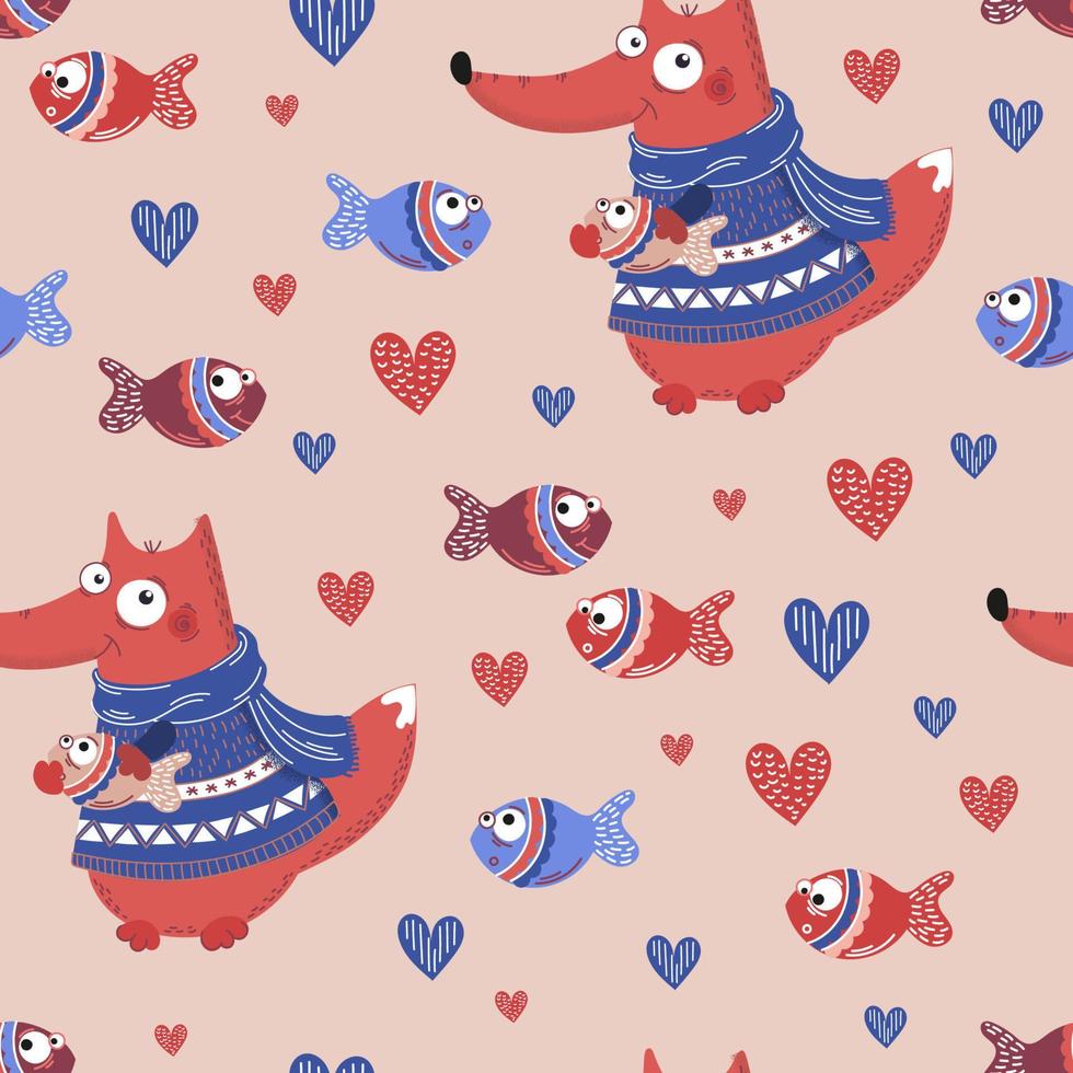 FISH FOX Valentine Day Seamless Pattern Vector Illustration